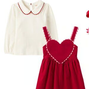 Gymboree Red Heart Velveteen Skirtall/Dress with Peter Pan Collar Shirt | 12-18M